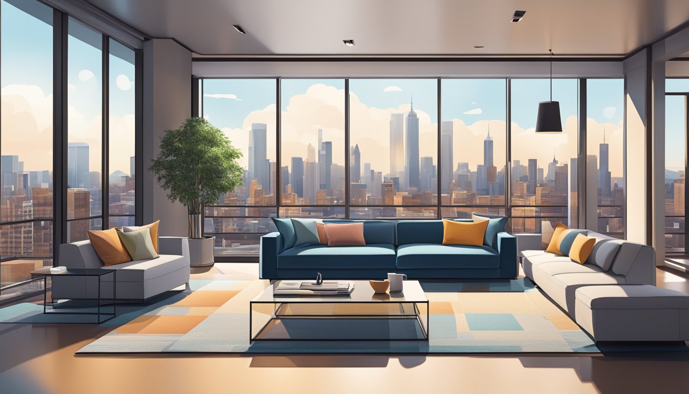 A modern living room with a sleek sofa, geometric coffee table, and floor-to-ceiling windows overlooking a city skyline