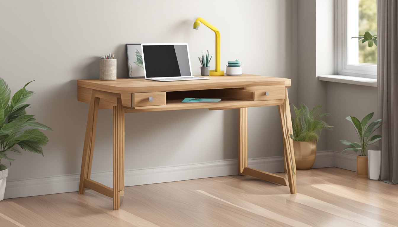 A wooden study table with a sleek design, featuring a smooth surface, sturdy legs, and a spacious drawer