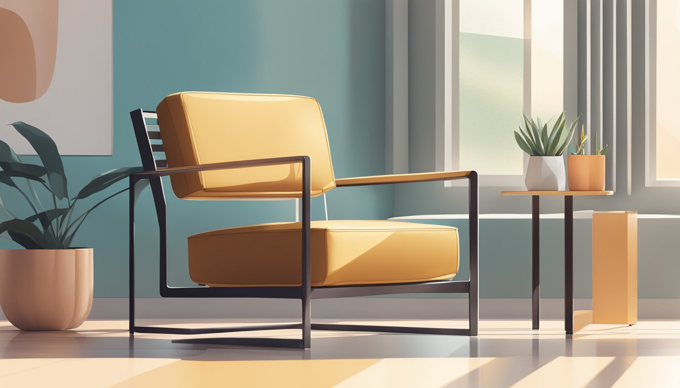 A sleek, minimalist chair sits in a sunlit room, surrounded by clean lines and geometric shapes of modern furniture