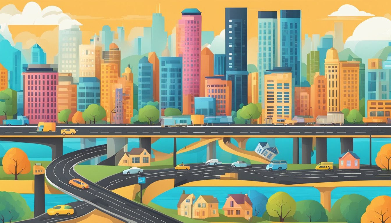 A colorful infographic showing a city skyline with various budgeting categories like housing, transportation, and food, all connected by a winding road
