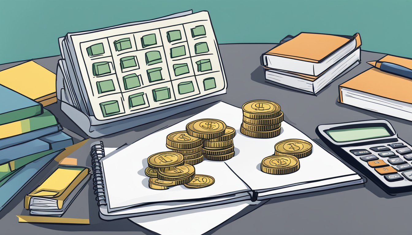 A stack of coins and dollar bills arranged neatly on a table, alongside a notebook and pen. A calculator sits nearby, with a budgeting guide book open next to it