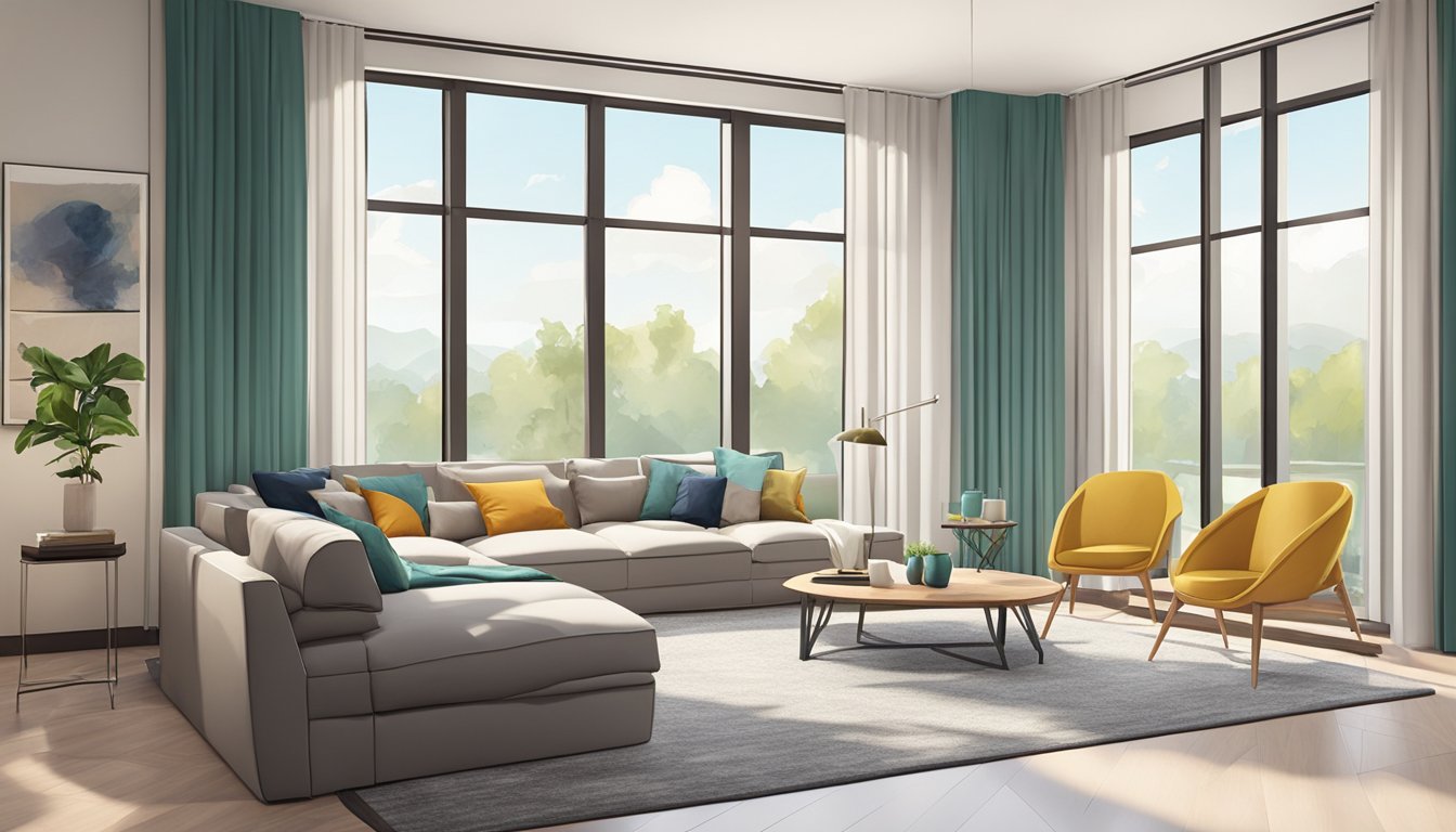 A spacious, well-lit room with modern furniture and vibrant accent colors. A large window lets in natural light, creating a welcoming and airy atmosphere