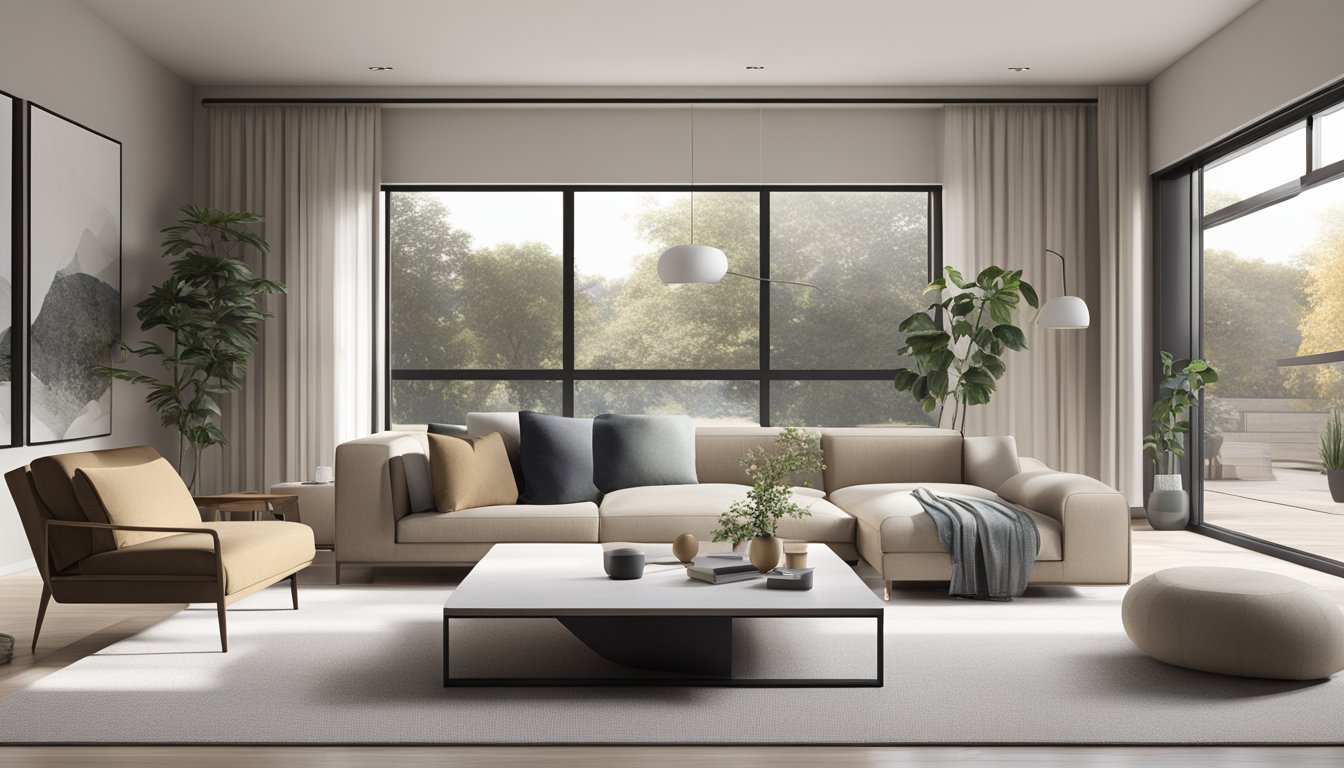 A sleek, minimalist living room with clean lines, neutral colors, and modern furniture arranged in an inviting and curated manner