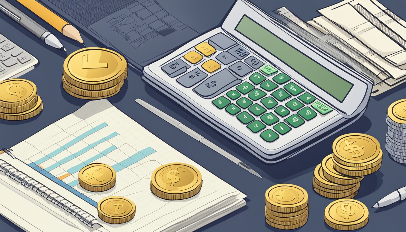 A stack of coins and dollar bills arranged neatly on a desk, alongside a budgeting notebook and a graph showing investment growth. A calculator and pen sit nearby, ready for use