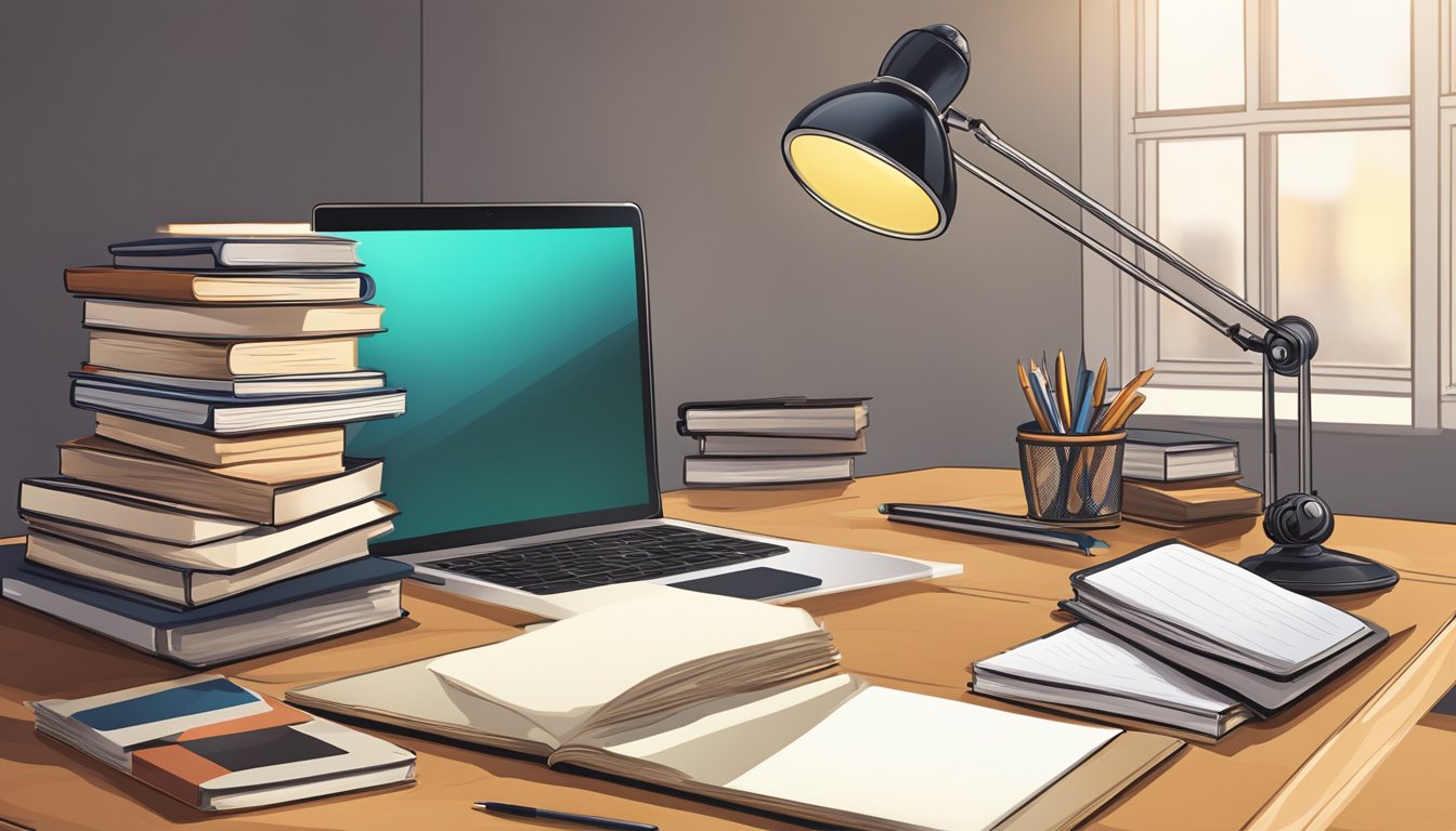 A wooden study table with a stack of papers, a pen holder, and a laptop, surrounded by a few books and a desk lamp