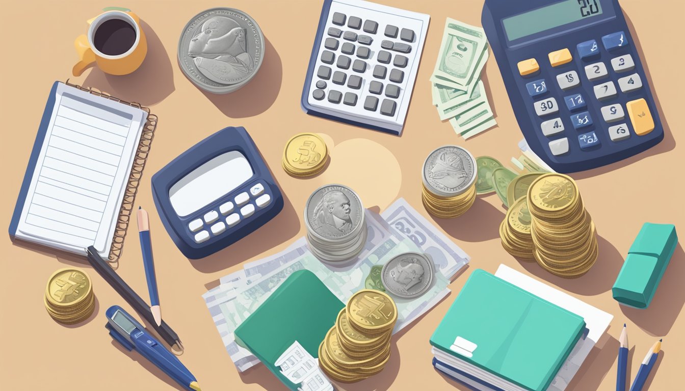 A pile of bills and coins on a table, with a budget planner and calculator nearby. A piggy bank sits in the background, symbolizing savings