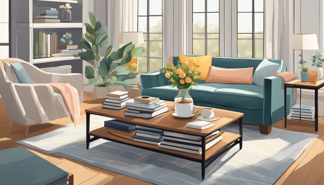 A square coffee table sits in the center of a cozy living room, adorned with a stack of books, a vase of flowers, and a decorative tray