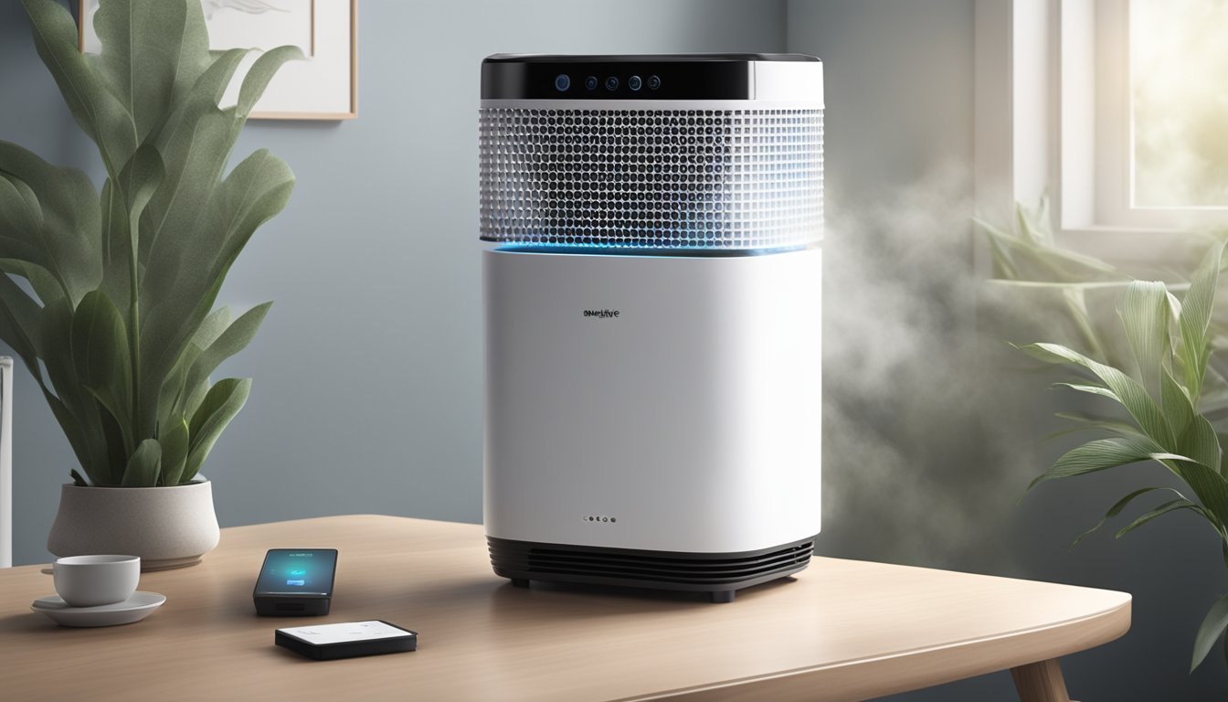 An air purifier sits on a table, surrounded by a haze-filled room. The purifier's filters are visible, capturing and removing the haze particles from the air