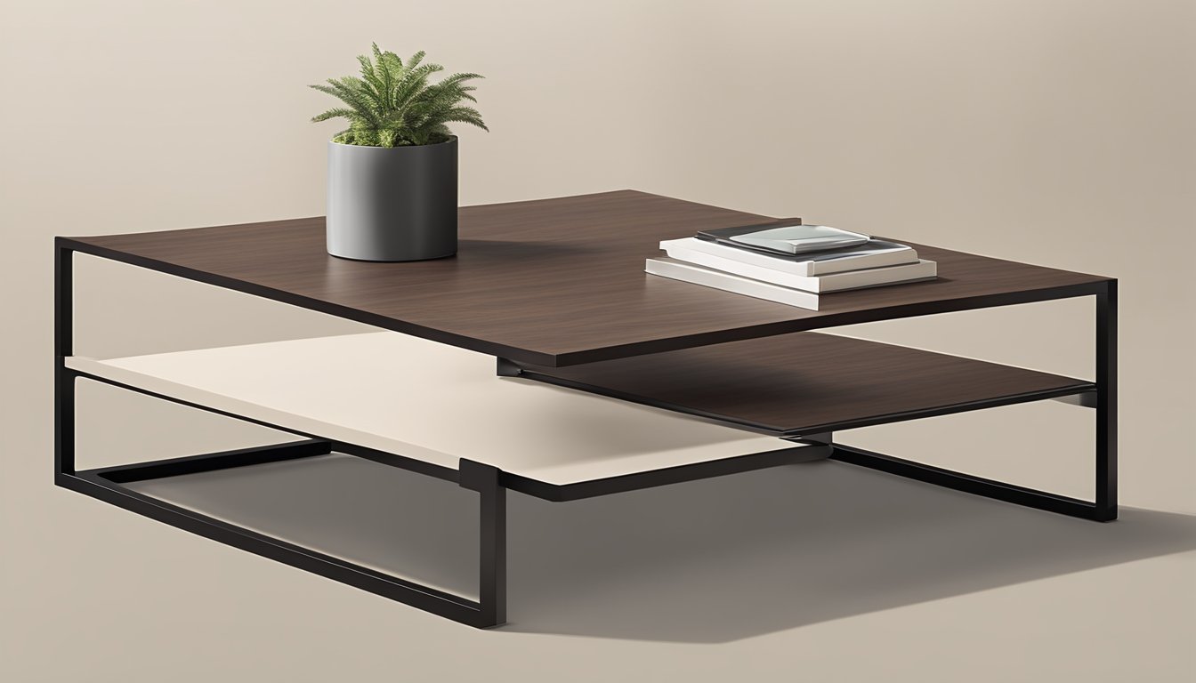 A square coffee table made of dark wood and metal, with clean lines and a minimalist design, sits in a modern living room with a neutral color palette