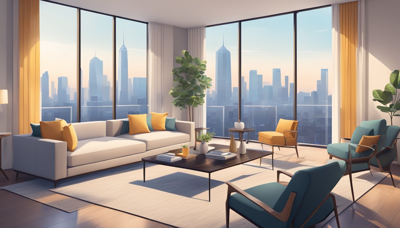 A spacious, modern living room with a minimalist color palette, sleek furniture, and large windows overlooking a city skyline