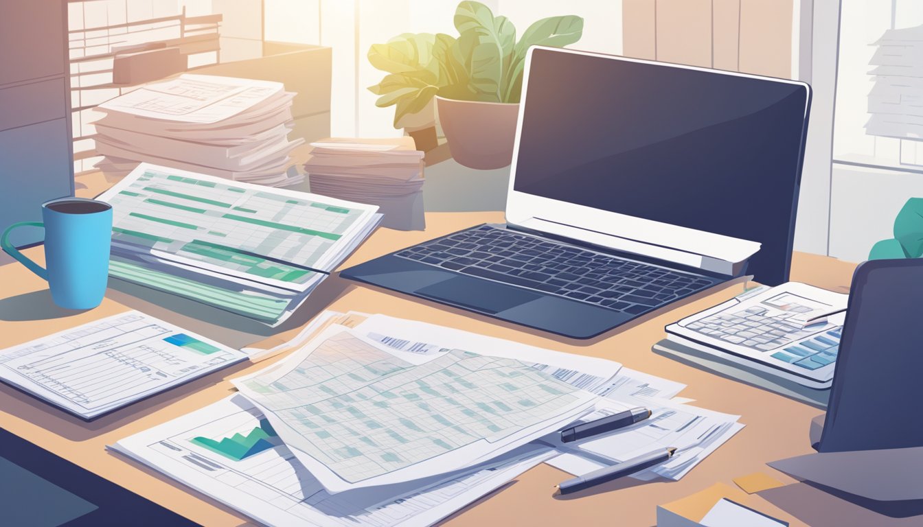 A person sits at a desk with a budget spreadsheet open. A stack of bills and insurance documents is next to them. A computer screen displays healthcare options