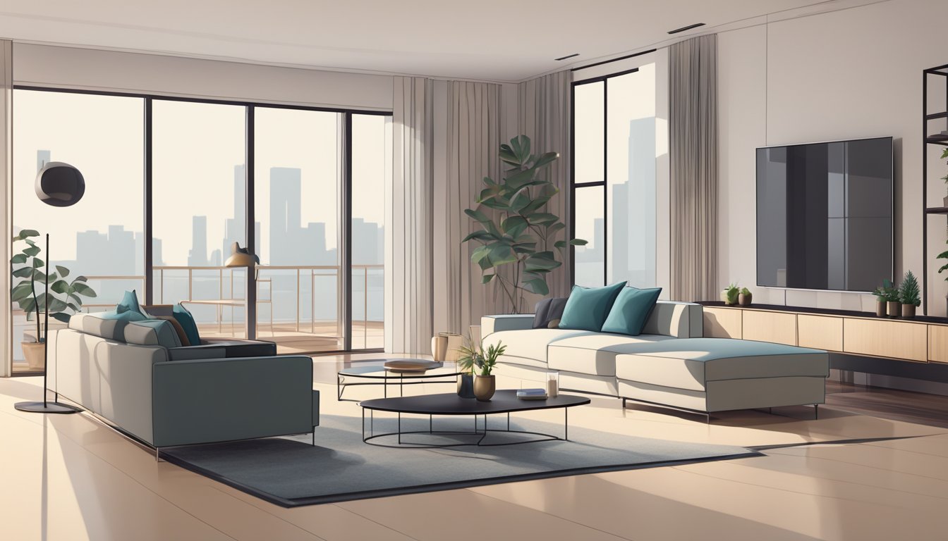 A sleek, minimalist living room with a variety of modern furniture pieces arranged in a stylish and functional manner