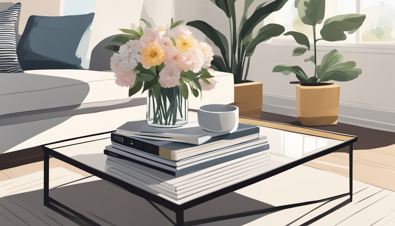 A square coffee table sits in a bright, airy living room. A stack of magazines and a decorative tray with a vase of flowers adorn the table's surface