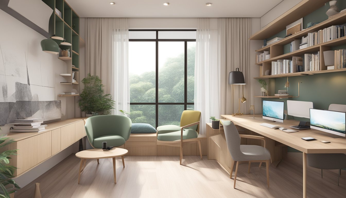 A modern study room in Singapore's HDB, with sleek furniture, ample natural light, and a minimalist design aesthetic