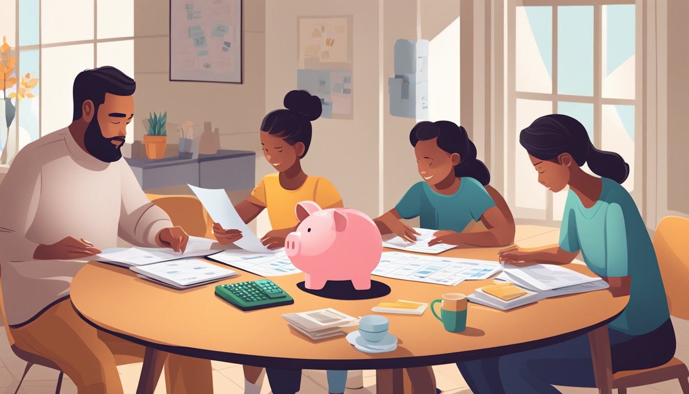 A family sits around a table with a budgeting spreadsheet, discussing finances and making plans. A piggy bank and calculator are on the table