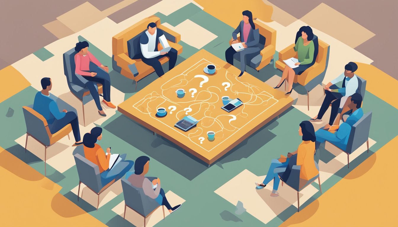 A square coffee table surrounded by people with question marks floating above their heads