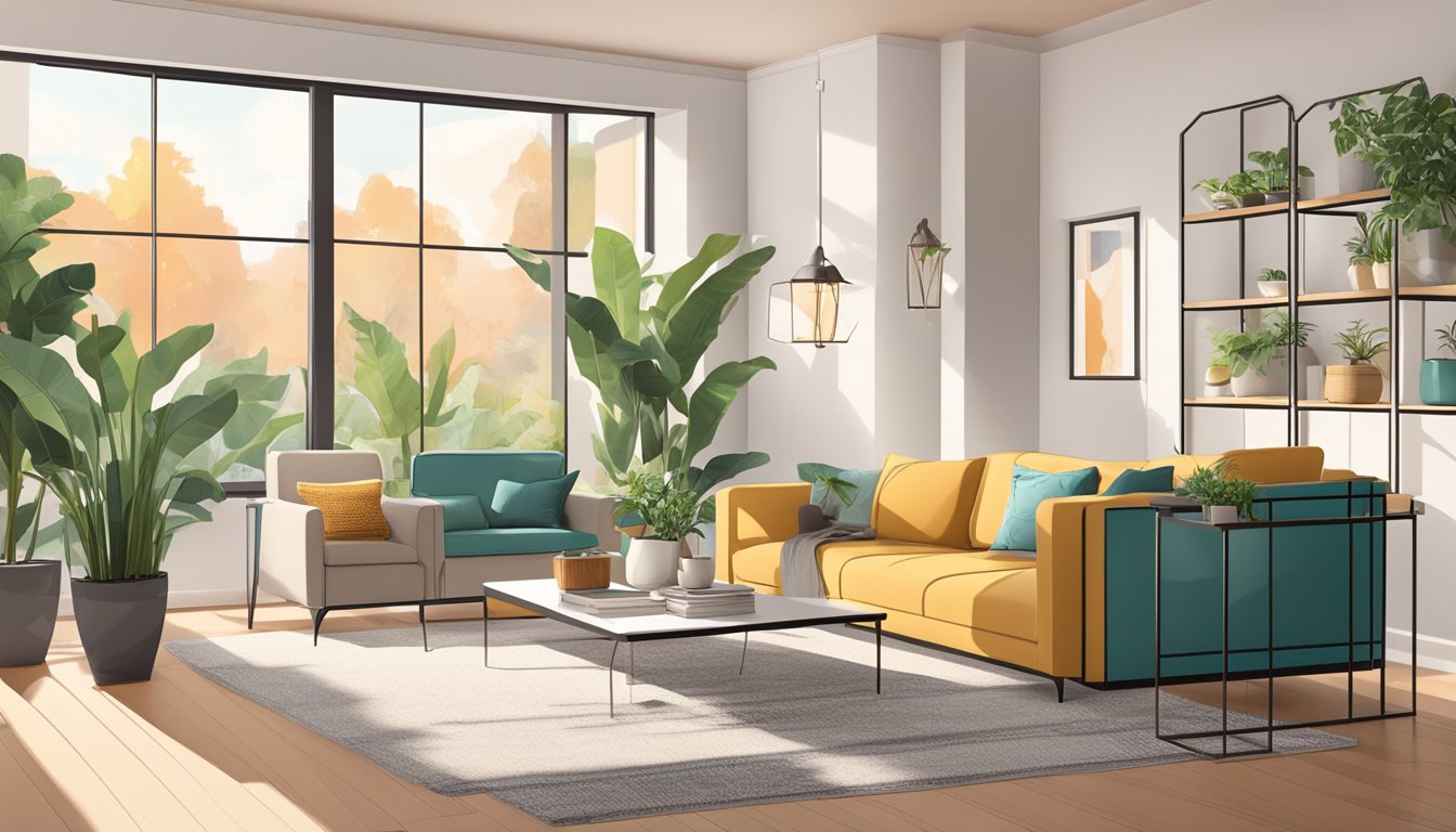 A modern, cozy living room with a comfortable sofa, stylish coffee table, and vibrant wall art. A large window lets in natural light, and potted plants add a touch of greenery