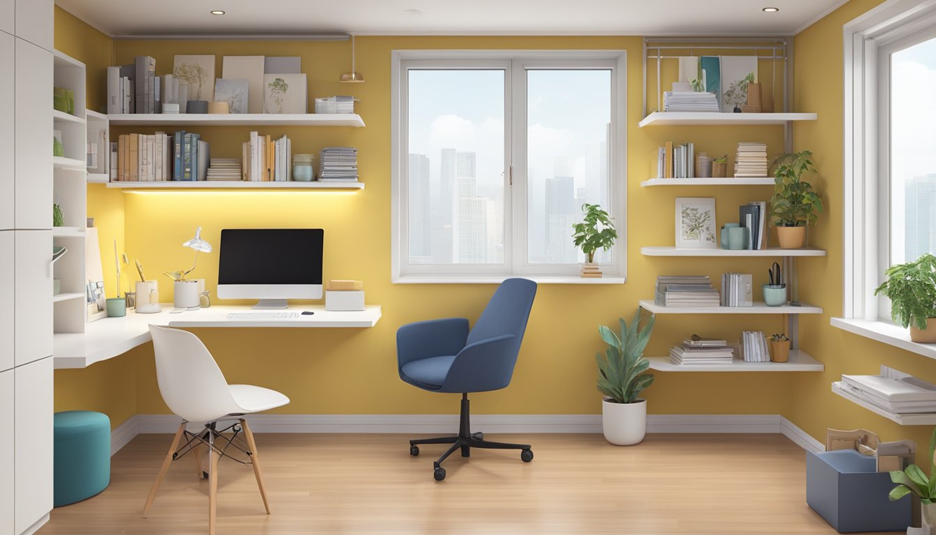 A study room in an HDB flat, with built-in shelves, a foldable desk, and a wall-mounted organizer, maximizing space for efficient use