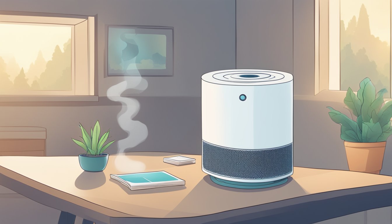 An air purifier sits on a table, surrounded by haze. A question mark hovers above it, with a list of frequently asked questions floating around