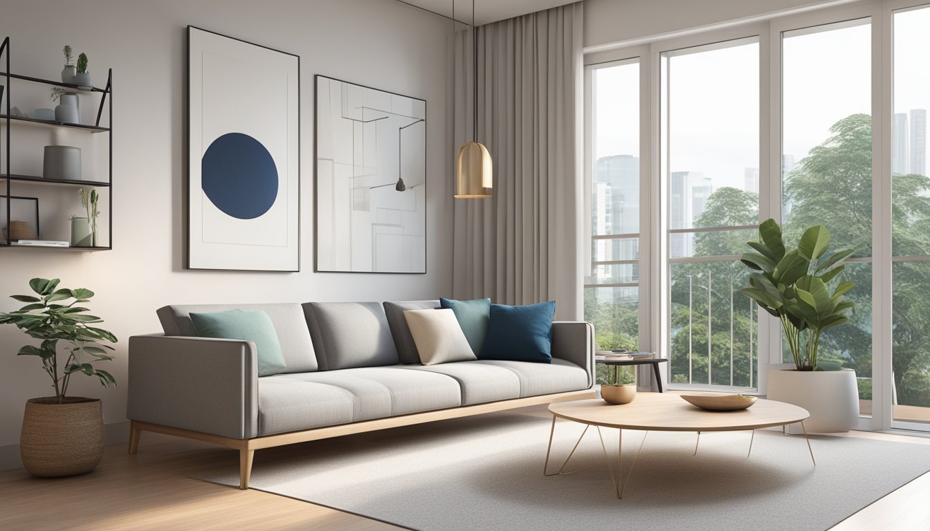 A sleek Scandinavian sofa sits in a modern Singapore apartment, surrounded by minimalist decor and bathed in natural light