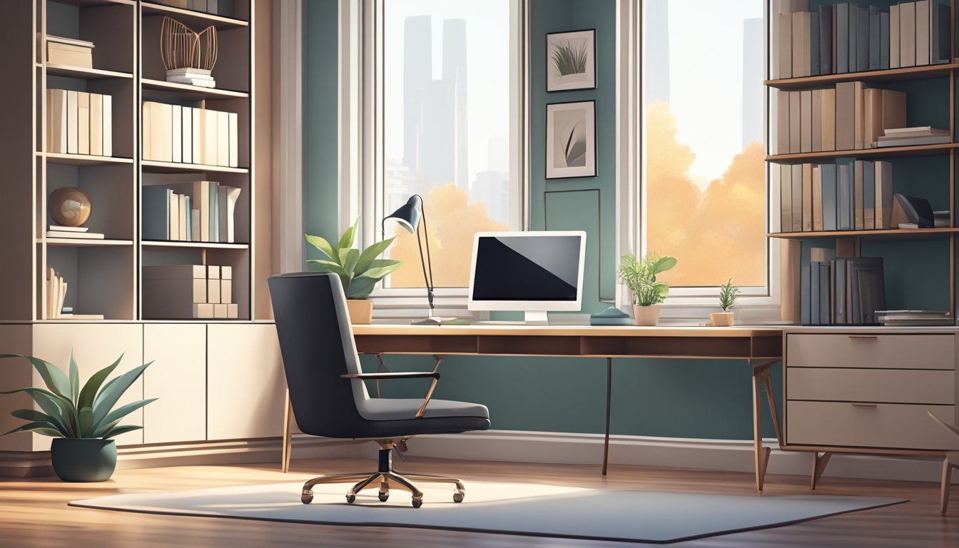 A sleek desk with organized shelves, modern lighting, and a comfortable chair in a spacious study room with large windows and a minimalist color scheme