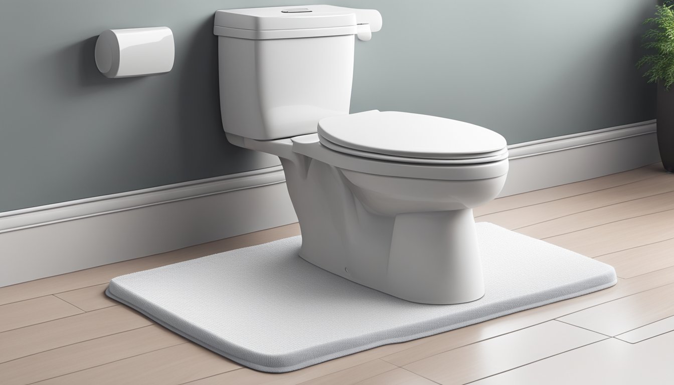 A toilet mat lies next to a clean, white toilet. The mat is rectangular with a plush texture and a non-slip backing