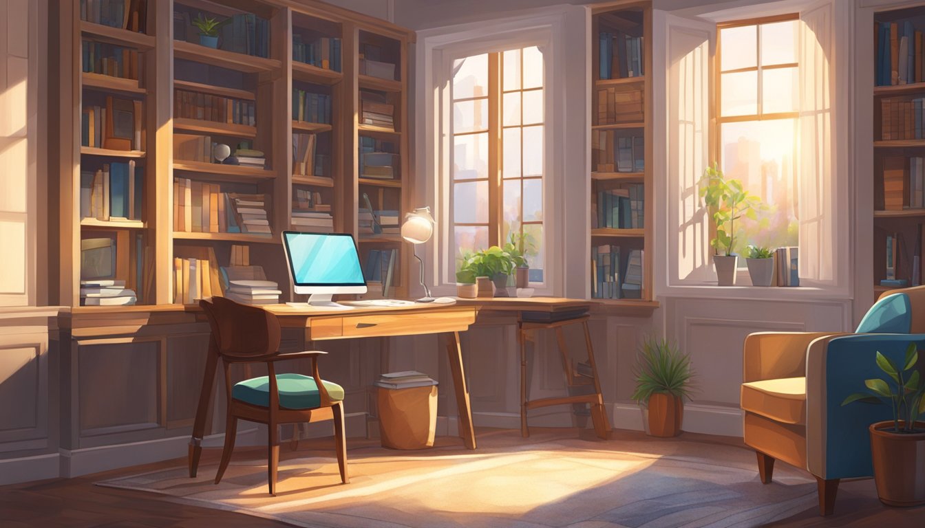 A cozy study room with bookshelves, a desk, and a comfortable chair. Natural light streams in through a large window, illuminating the space