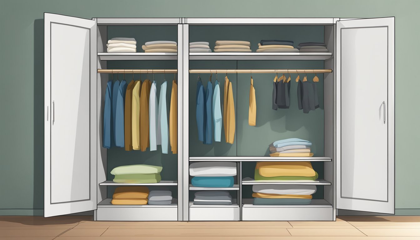 A wardrobe stands against a wall, its doors slightly ajar, revealing neatly arranged shelves and hanging clothes inside