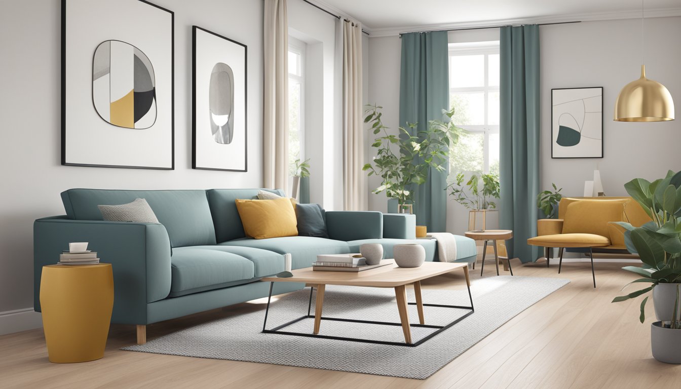 A modern living room with a sleek Scandinavian sofa as the focal point, surrounded by minimalist decor and natural light