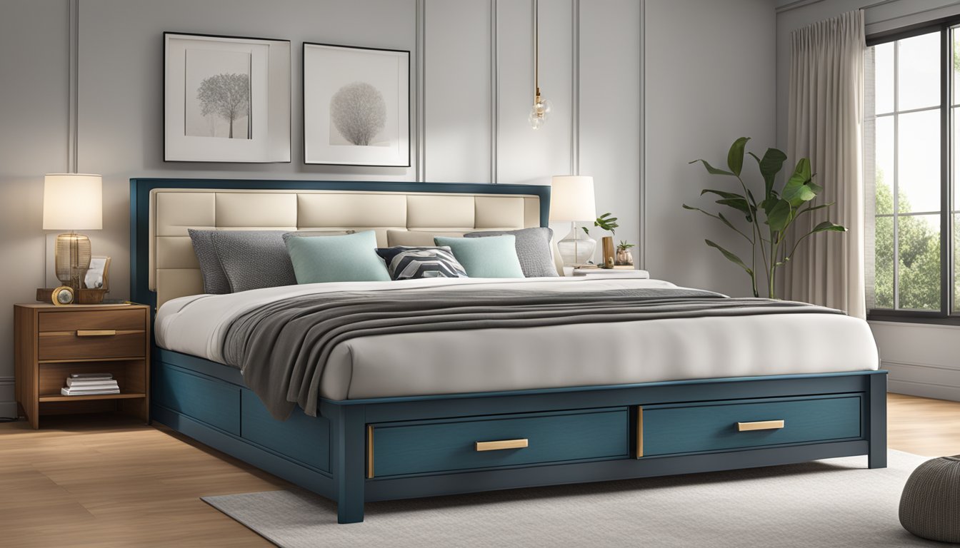 A king size bed with built-in storage drawers underneath