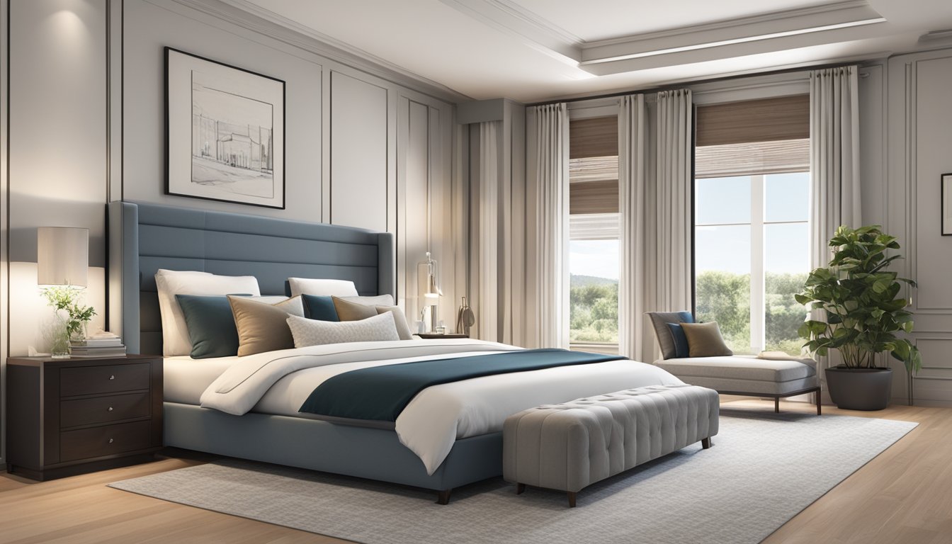 A spacious bedroom with a sleek, modern king size bed featuring built-in storage drawers underneath. The bed is elegantly adorned with a plush comforter and coordinating pillows, creating a cozy and inviting atmosphere