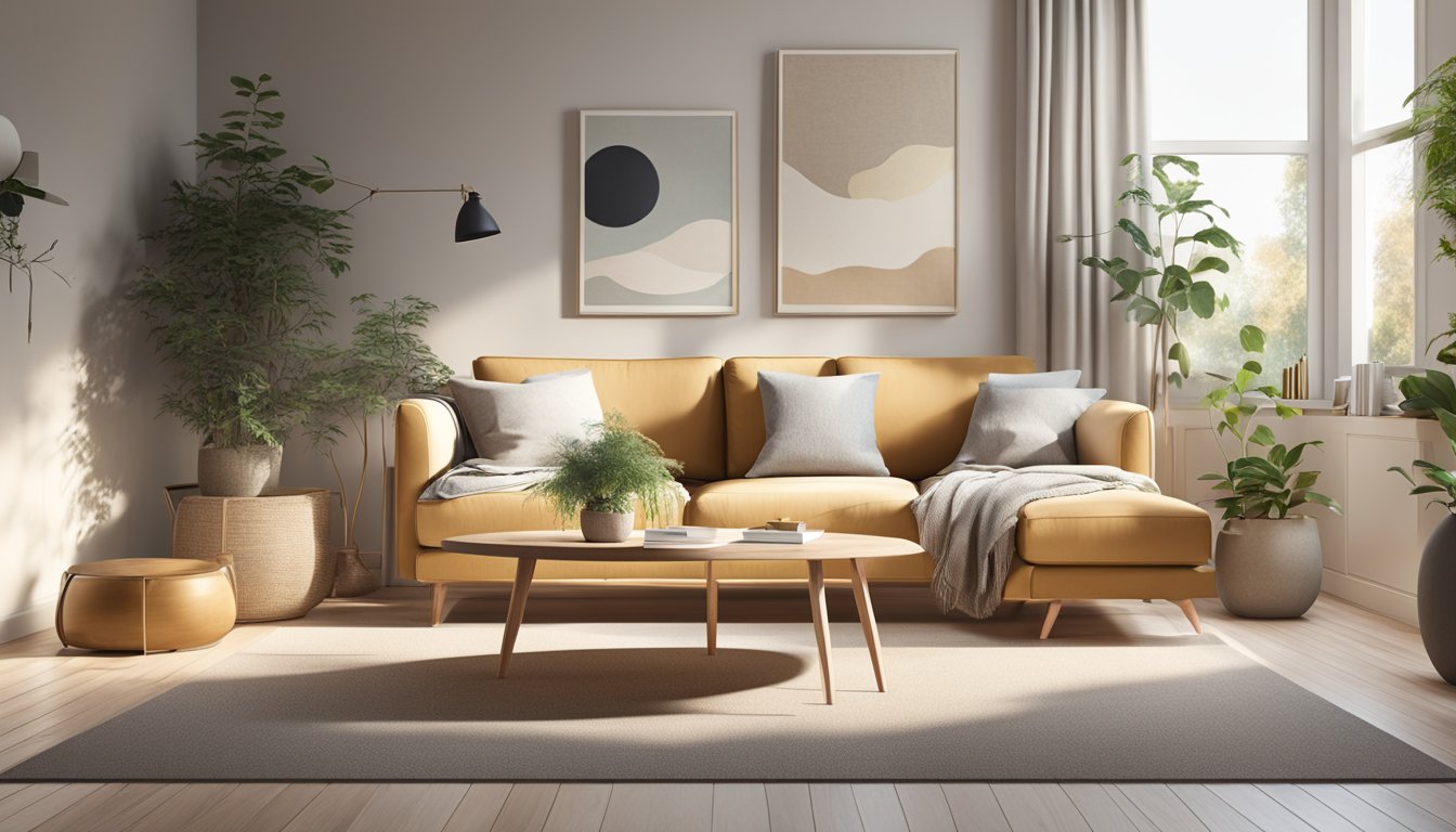 A sleek Scandinavian sofa sits in a sunlit living room, surrounded by minimalist decor and natural materials, creating an atmosphere of elegant simplicity