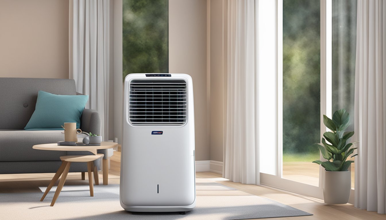 A room with a Europace portable aircon EPAC 12T2 placed near a window, blowing cool air into the space