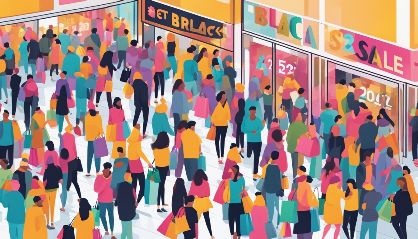 Crowds flood into a brightly lit mall, clutching shopping bags and eagerly scanning for deals. Brightly colored banners proclaim "Black Friday Sale 2021" in bold letters, creating a sense of urgency and excitement