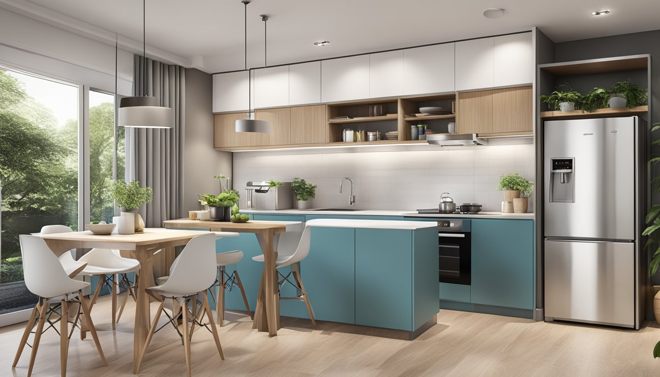 A 3-room BTO kitchen with efficient layout, ample storage, and multi-functional workspaces. Bright lighting and modern appliances complete the contemporary design