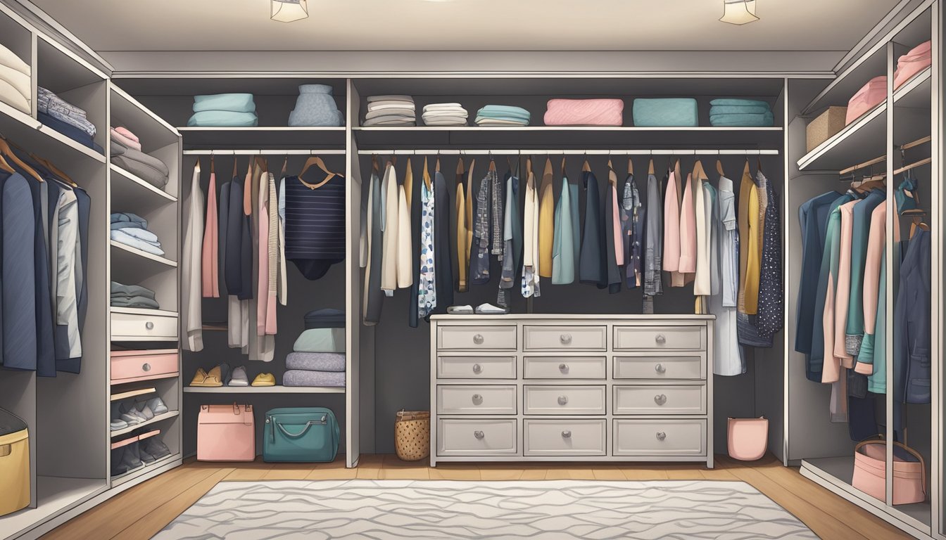 A closet filled with various clothing items, including shirts, pants, and dresses, with shelves and drawers for organization. The wardrobe features a mix of colors, patterns, and textures, showcasing different material and design choices