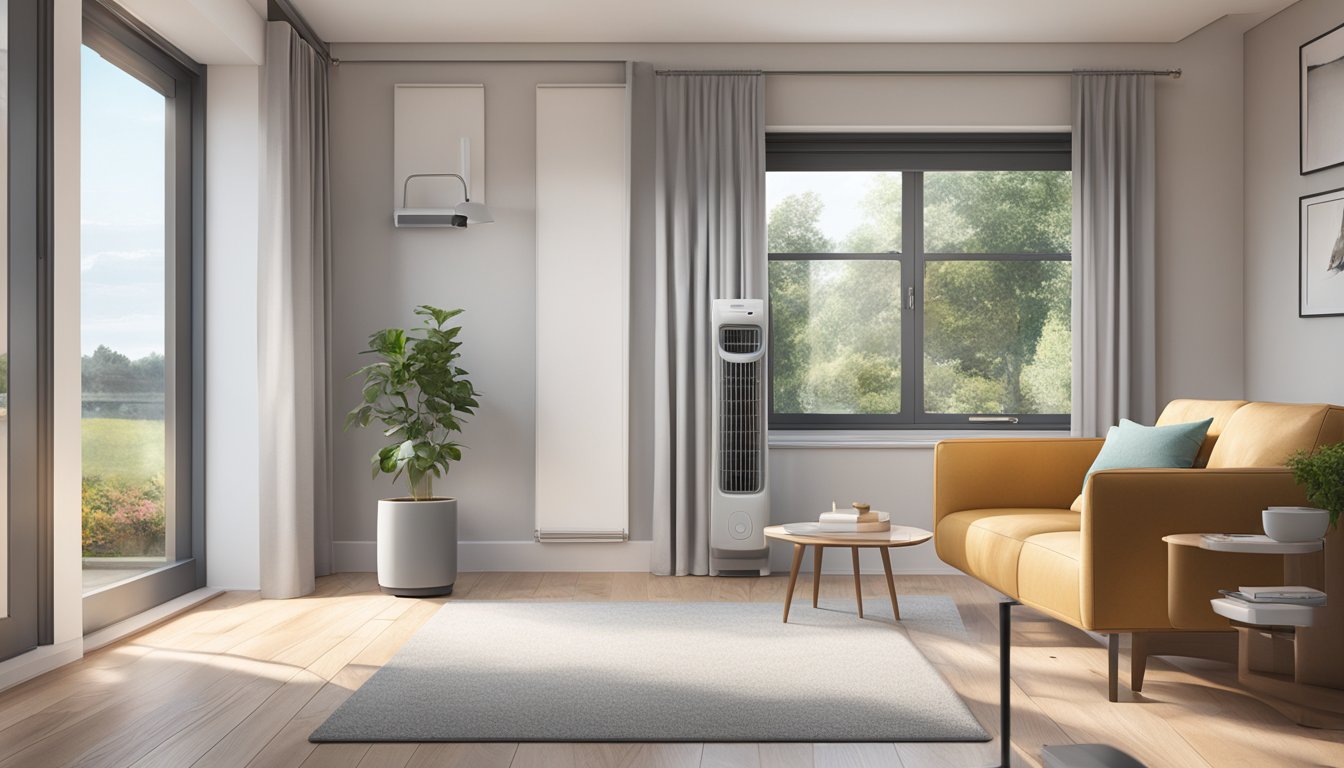 A living room with a modern, sleek Europace portable aircon EPAC 12T2 unit placed near a window, with cool air emanating from the unit
