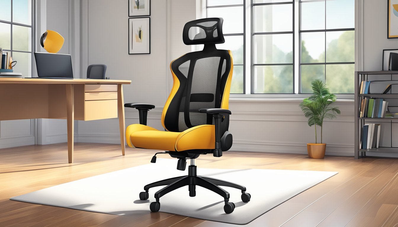 A comfortable office chair with adjustable lumbar support, padded armrests, and a breathable mesh backrest