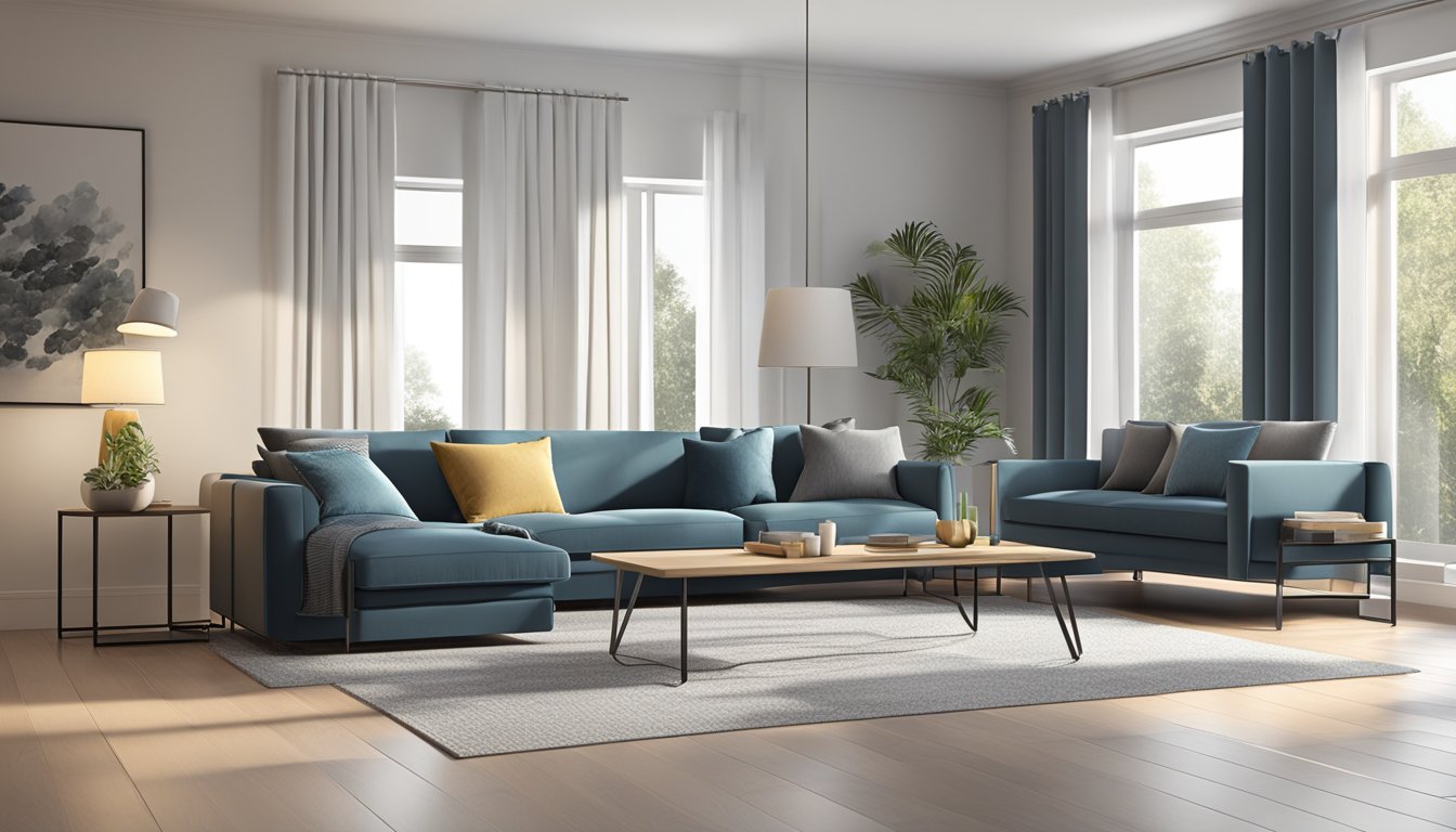 A sleek, modern sofa set with clean lines and plush cushions, positioned in a well-lit living room with contemporary decor