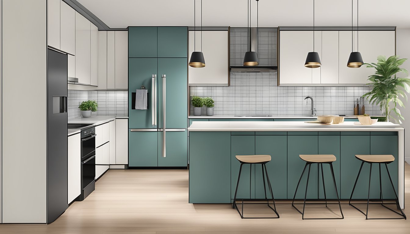A modern, sleek kitchen cabinet design in Singapore's HDB unit, featuring clean lines, integrated handles, and a minimalist color palette