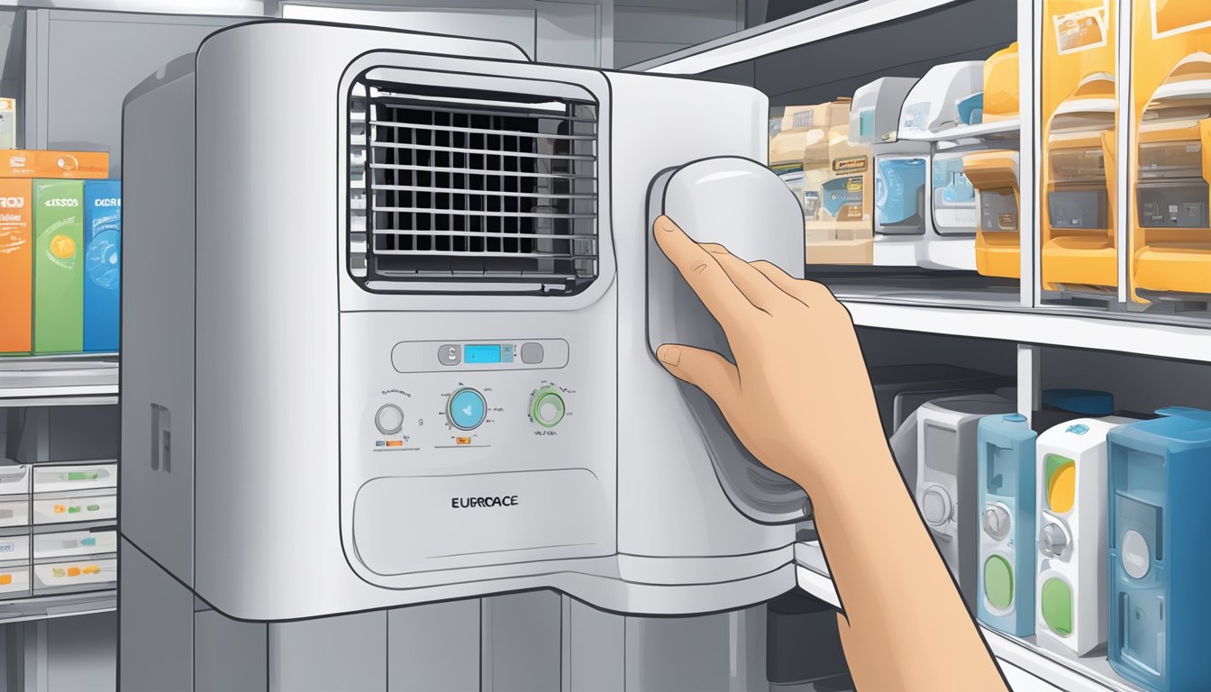 A hand reaches out to select the europace portable aircon epac 12t2 from a shelf in a store
