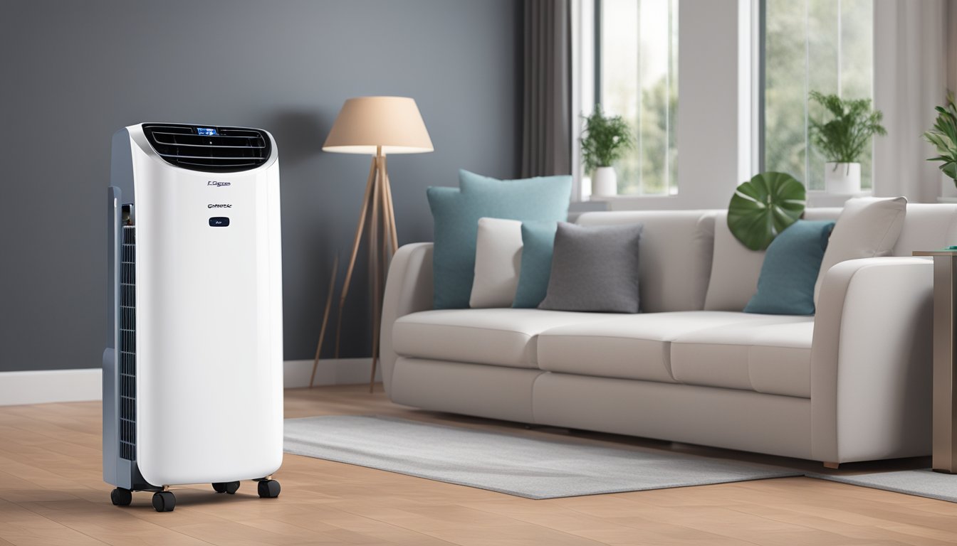 A europace portable aircon (epac 12t2) sits on a clean, modern floor. The unit is plugged in and emitting cool air, with the FAQ booklet nearby