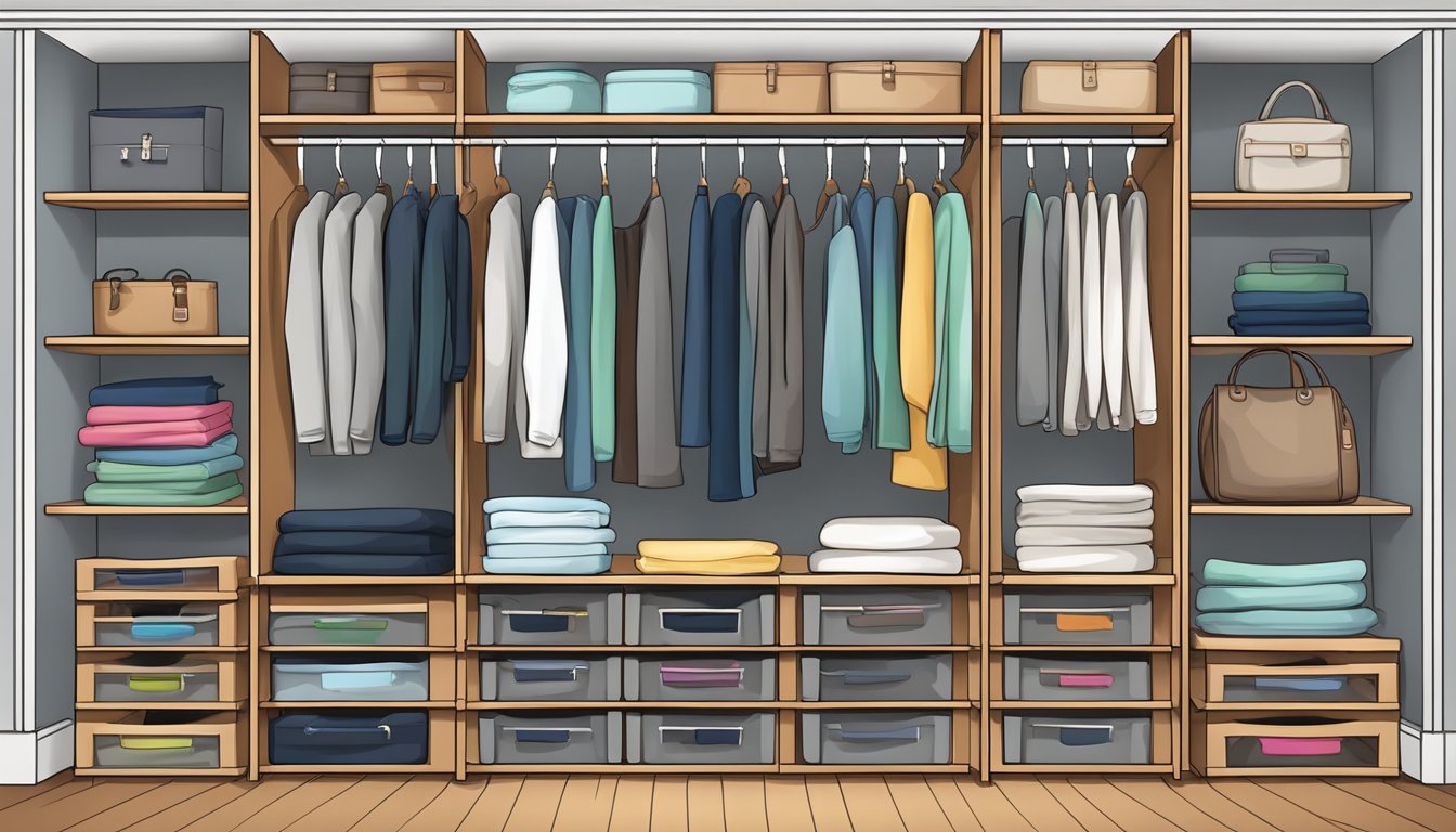 A neatly organized wardrobe with labeled shelves and hangers