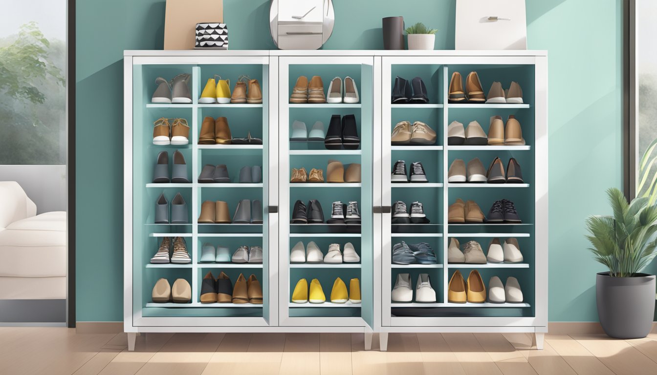 A sleek, modern shoe cabinet with glass doors, displaying neatly arranged pairs of shoes in various styles and colors