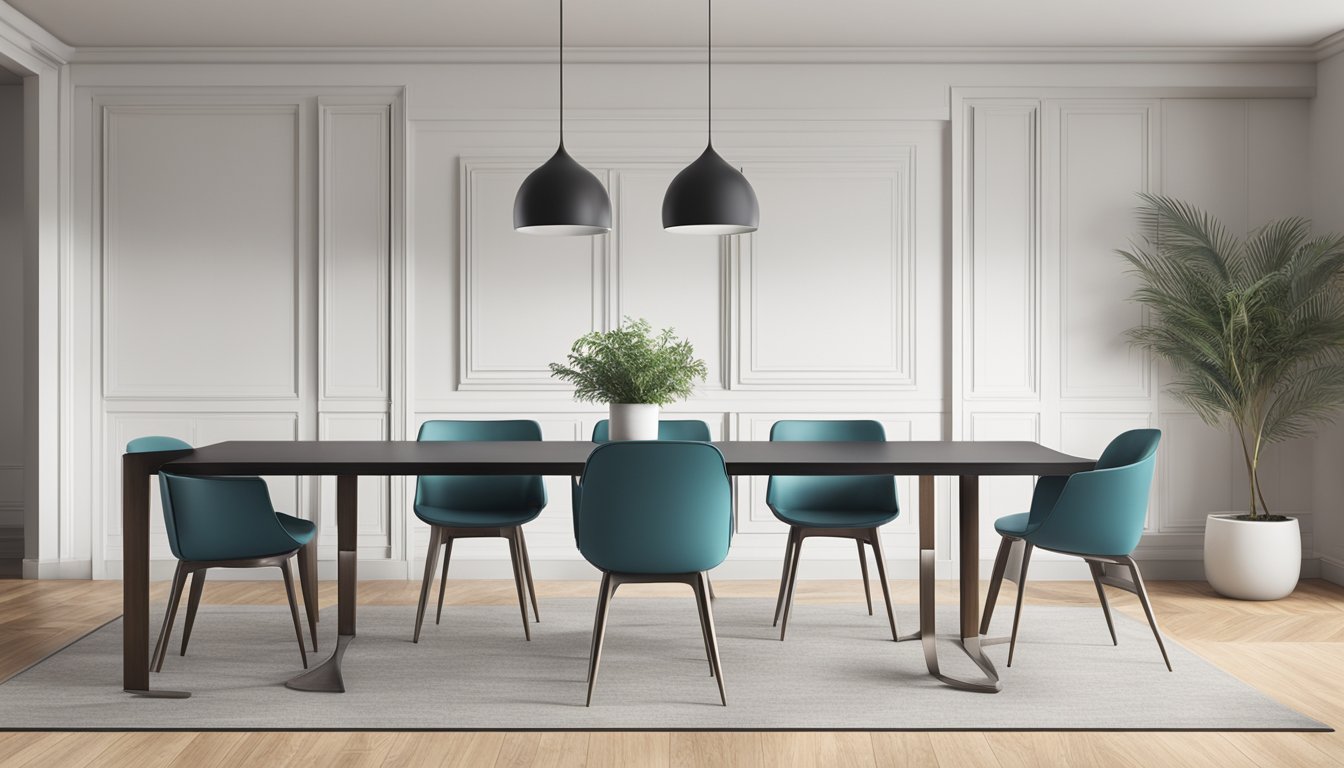 Four modern, lightweight dining chairs around a sleek, minimalist table