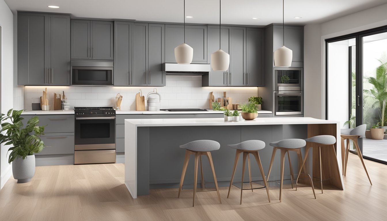 A modern kitchen with sleek cabinets, a spacious island, and integrated appliances. The color scheme is a combination of white, grey, and wood tones, creating a clean and inviting atmosphere