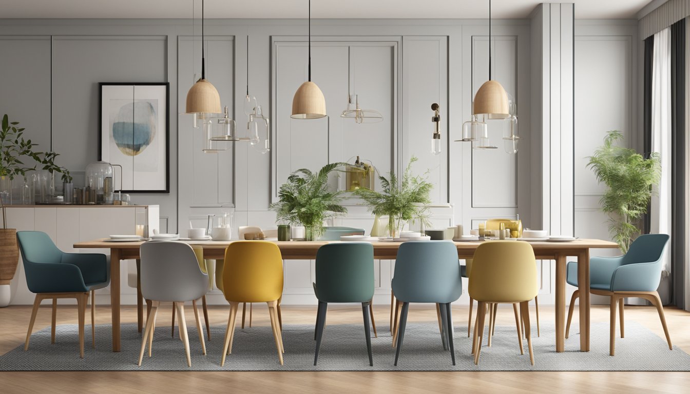A variety of lightweight dining chairs are arranged in a spacious, well-lit room, showcasing different styles and materials