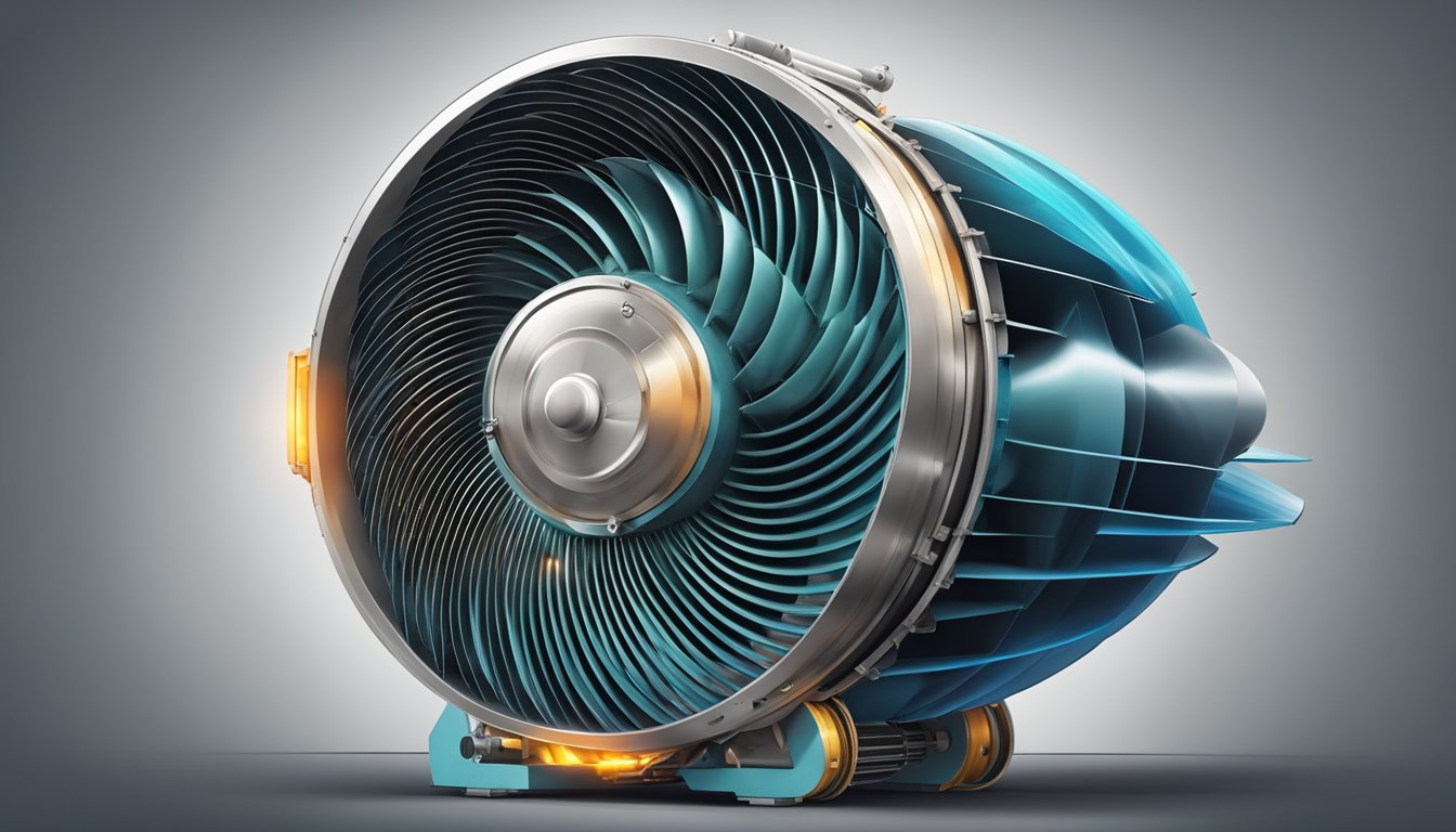 A jet turbine fan spins rapidly, drawing in air and propelling it out with great force, creating powerful thrust
