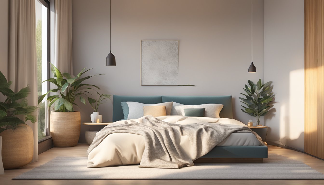 A natural latex mattress sits in a cozy bedroom, surrounded by soft pillows and a warm blanket. The room is bathed in natural light, creating a peaceful and inviting atmosphere