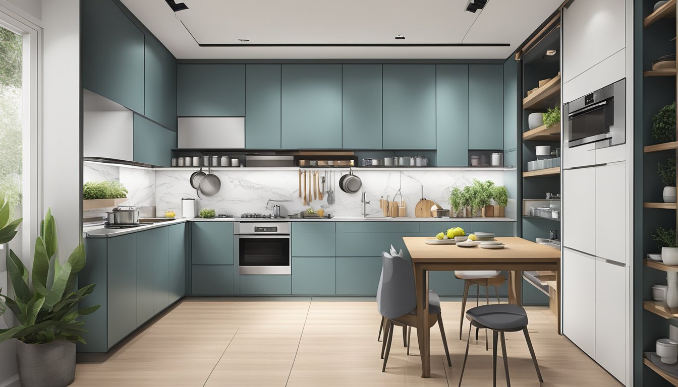 The HDB kitchen is filled with clever storage solutions, from pull-out drawers to overhead cabinets, maximizing space for utensils and cookware
